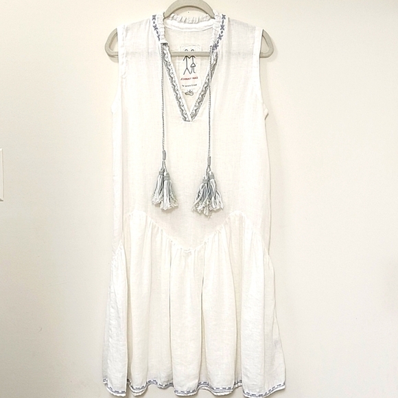 Johnny Was Dresses & Skirts - Jonny Was Pete & Greta White 100% Linen Chunky Tassel Boho Drop Waist Dress XS
